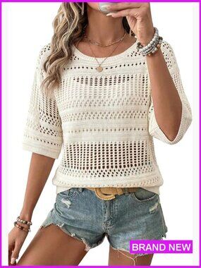 Half Sleeve Crochet Top Hollow Out Beach Vacation Knit Pullover Sweater
